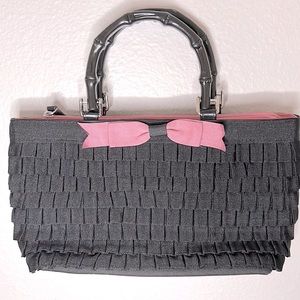 Pretty Black & Pink Bamboo Handle Zip Closure Tote Bag